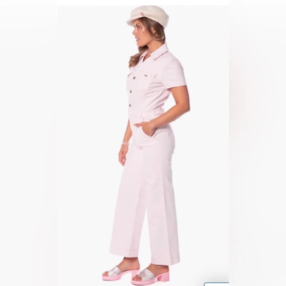 Juicy Couture baby pink denim‎ look short sleeve jumpsuit size XS new